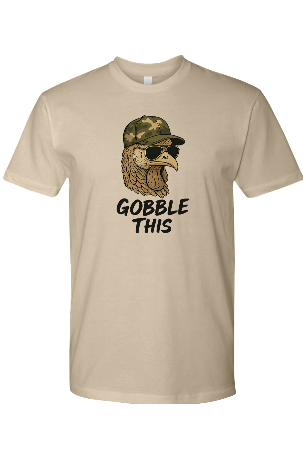 Dark beige Thanksgiving t-shirt with "Gobble This" text with a turkey in sunglasses and camouflage hat funny hunting military fall holiday short sleeve shirt