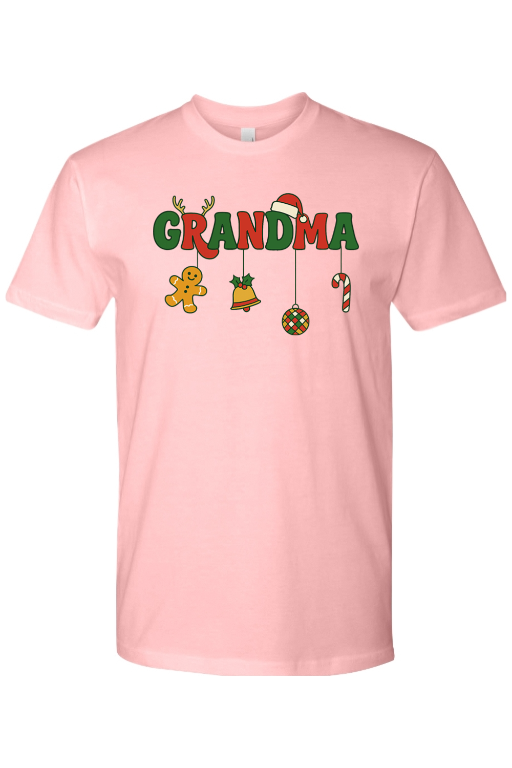 Light pink Christmas t-shirt with "Grandma" text with gingerbread, bell, disco ball, and candy cane ornaments hanging off the letters cute festive grandma grandmother holiday short sleeves shirt