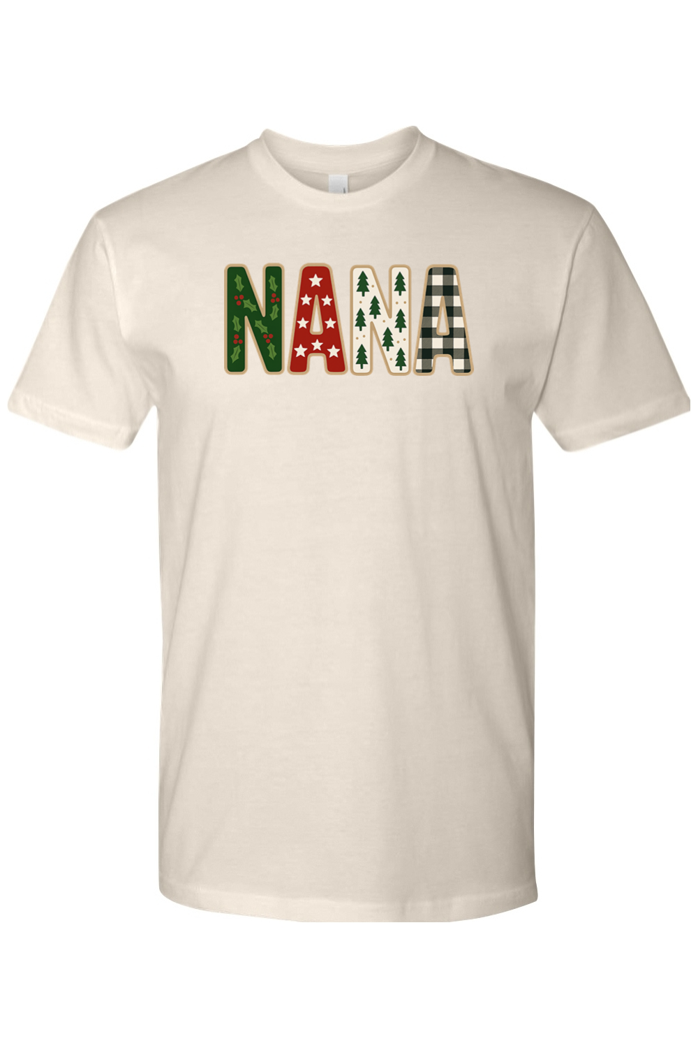 Cream Christmas t-shirt with "NANA" text with holly, star, tree, and plaid patterns inside the letters cute trendy grandma grandmother holiday short sleeve shirt