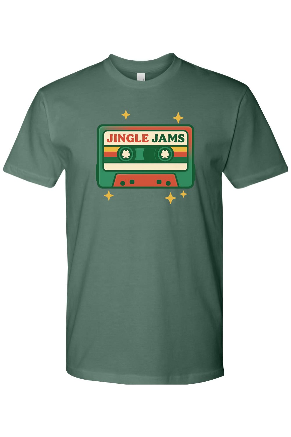 Pine green vintage Christmas t-shirt with "Jingle Jams" text inside a cassette tape retro trendy holiday short sleeve shirt