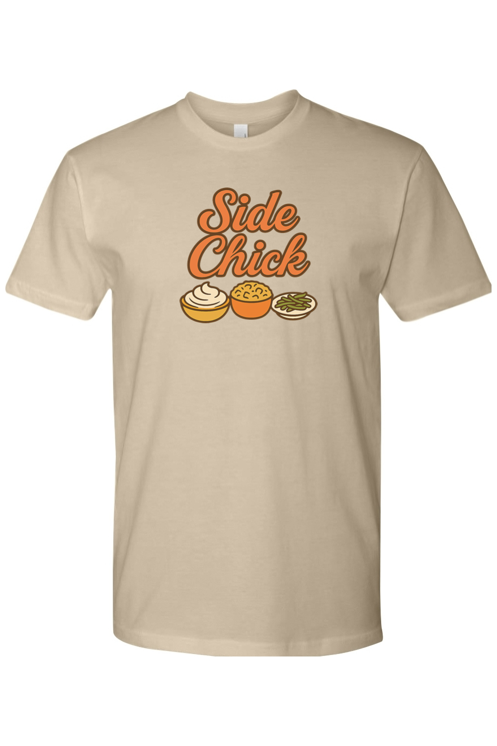 Dark sand beige Thanksgiving t-shirt with "Side Chick" text and mashed potatoes, stuffing, and green beans design funny sarcastic girly fall holiday short sleeve shirt