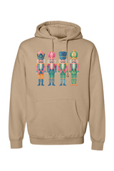 Dark beige Christmas hoodie with 4 colorful nutcrackers design cute girly festive holiday long sleeve hooded sweatshirt
