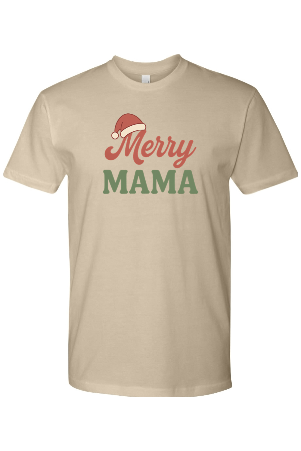 Dark beige Christmas t-shirt with "Merry Mama" text with a Santa hat over the M in Merry cute trendy mom mother holiday short sleeve shirt