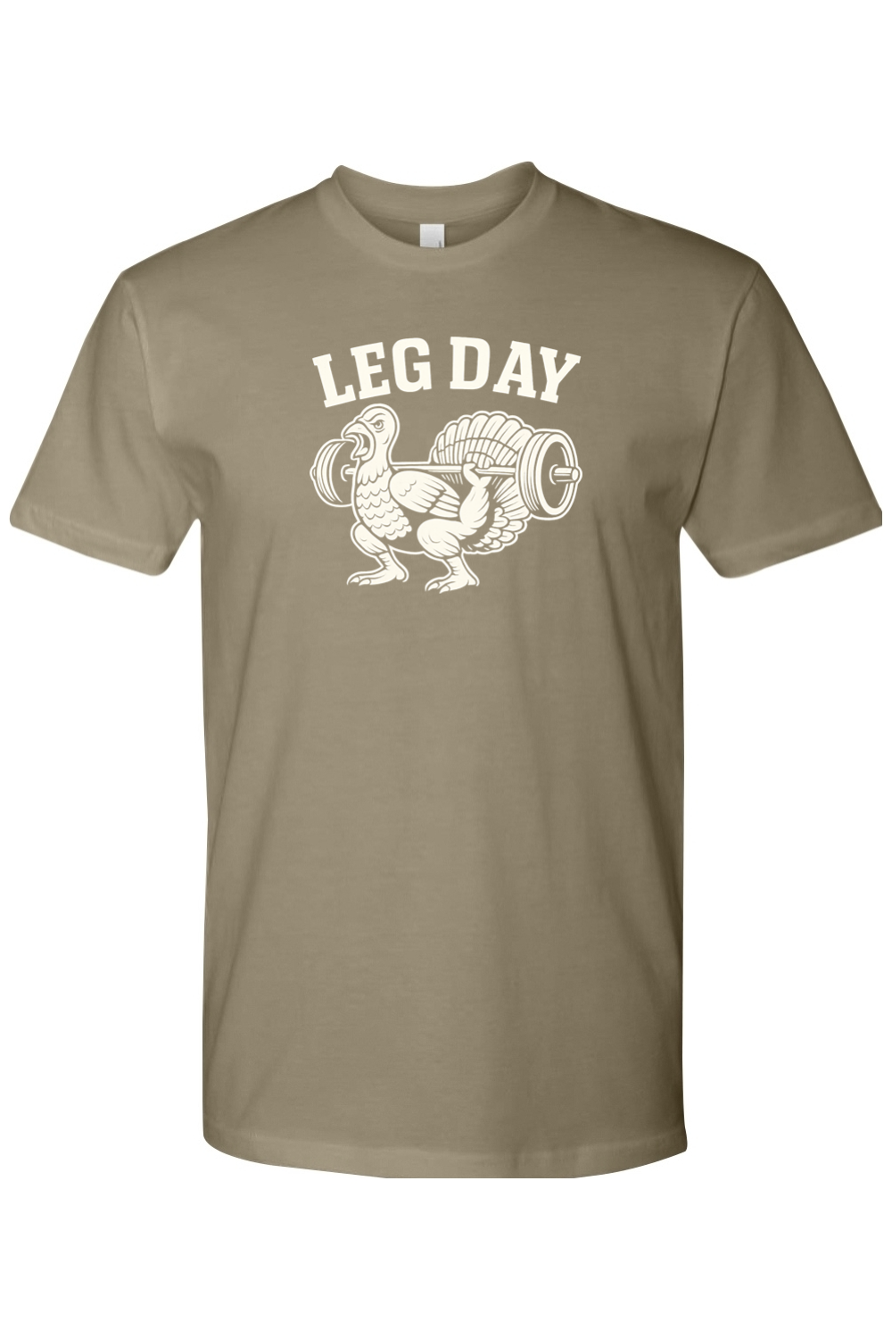 Light olive green Thanksgiving t-shirt with "Leg Day" text and a turkey doing a squat with a barbell design lifting weights funny gym humor fall short sleeve shirt