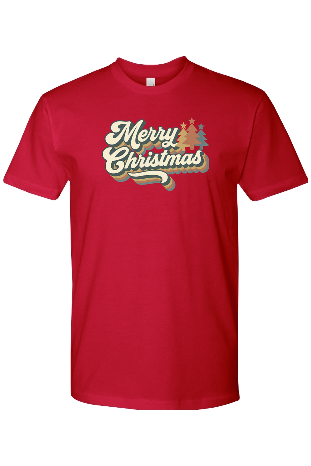Red Christmas t-shirt with "Merry Christmas" text in retro bubble font and Christmas trees design cute trendy festive holiday short sleeve shirt