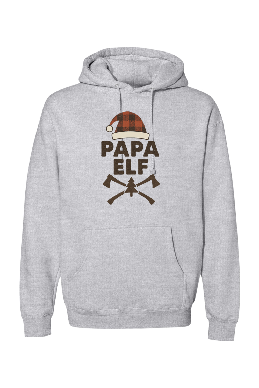 Heather gray Christmas hoodie with "Papa Elf" text with a plaid elf hat and pine tree and axe design festive men's holiday long sleeve hooded sweatshirt