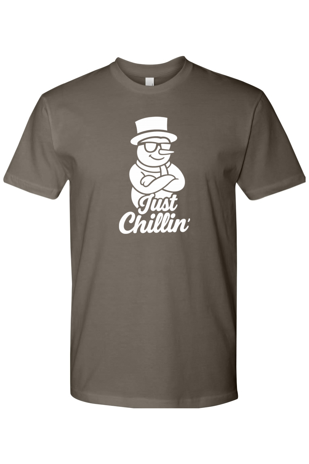Gray Christmas t-shirt with "Just Chillin'" text in white with a snowman wearing sunglasses and arms crossed design funny holiday humor short sleeve shirt