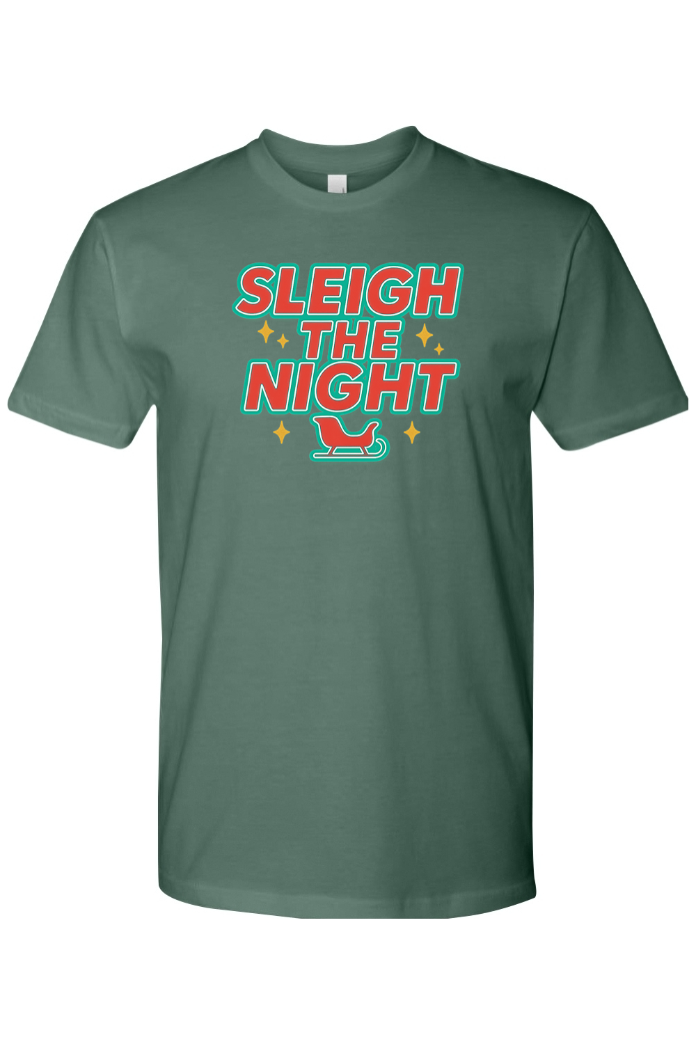 Pine green vintage Christmas t-shirt with "Sleigh the Night" text with stars and sleigh design retro trendy holiday short sleeve shirt
