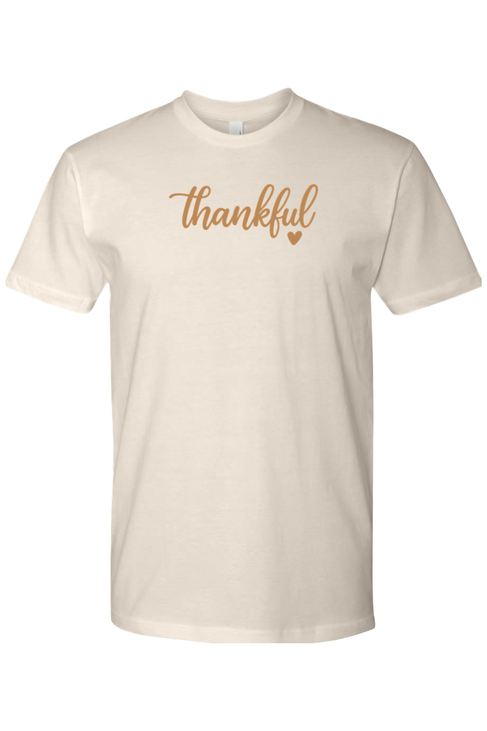 Cream beige Thanksgiving t-shirt with "Thankful" text and a heart design cute trendy girly fall holiday short sleeve shirt