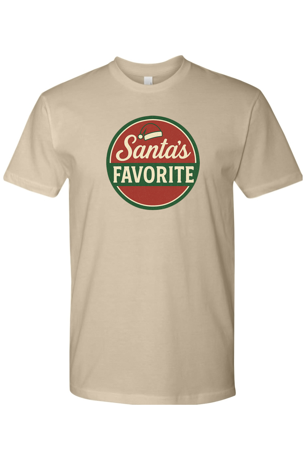 Dark beige Christmas t-shirt with "Santa's Favorite" text with a Santa hat in a badge layout design funny festive holiday short sleeve shirt