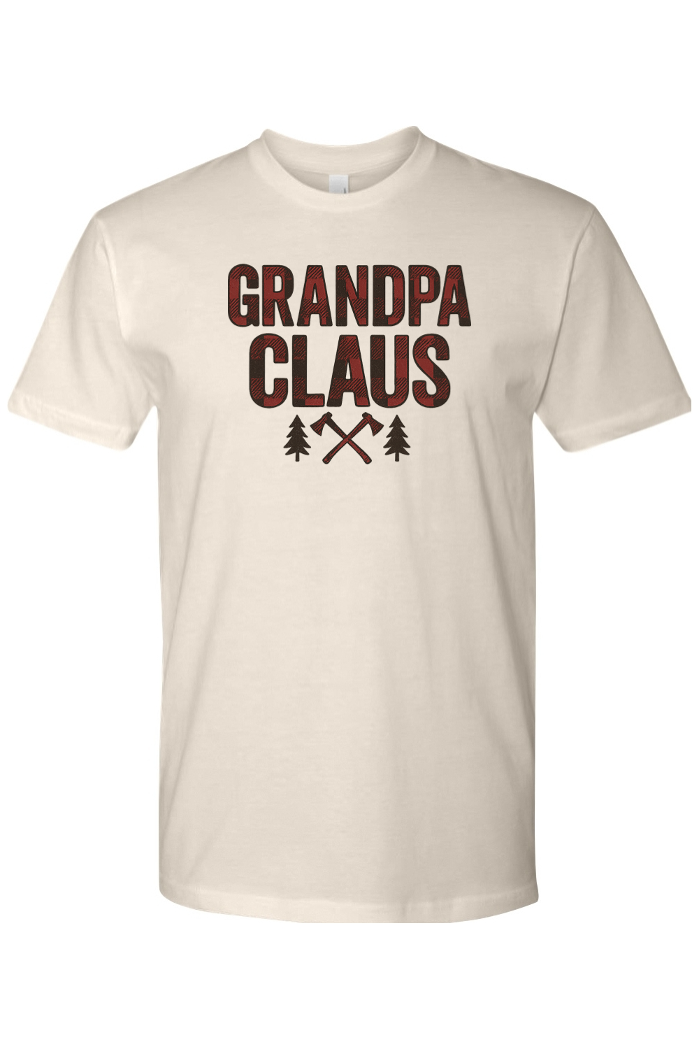 Beige Christmas t-shirt with "Grandpa Claus" text in buffalo plaid with two axes and two trees design cool trendy grandpa grandparent holiday short sleeve shirt