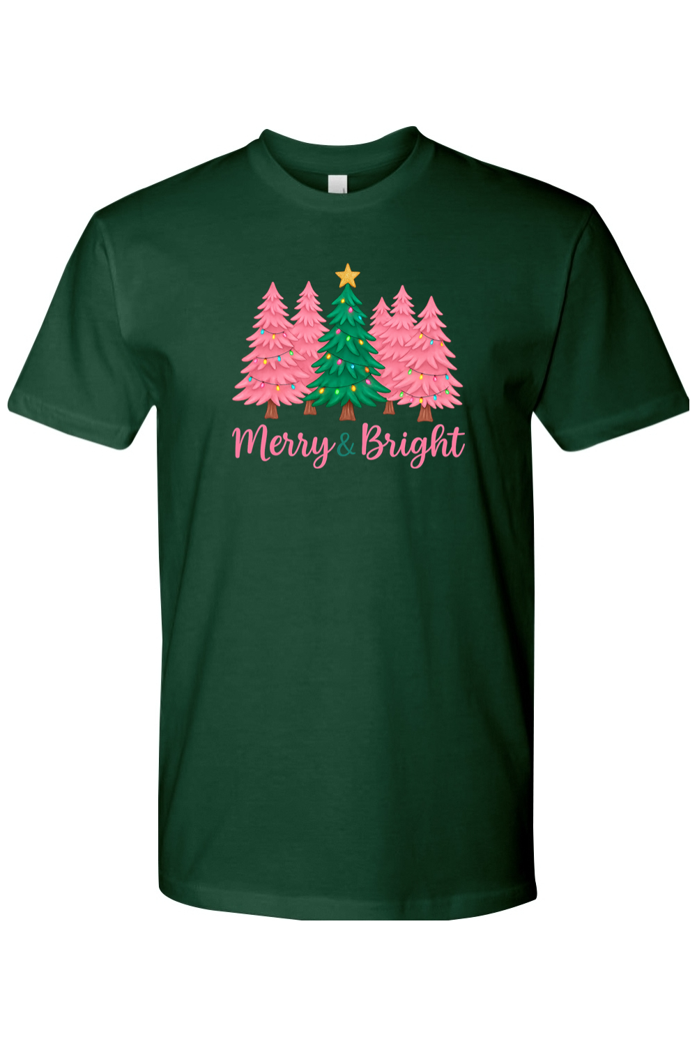 Dark green Christmas t-shirt with pink and green Christmas trees design with text "Merry & Bright" cute trendy festive holiday short sleeve shirt