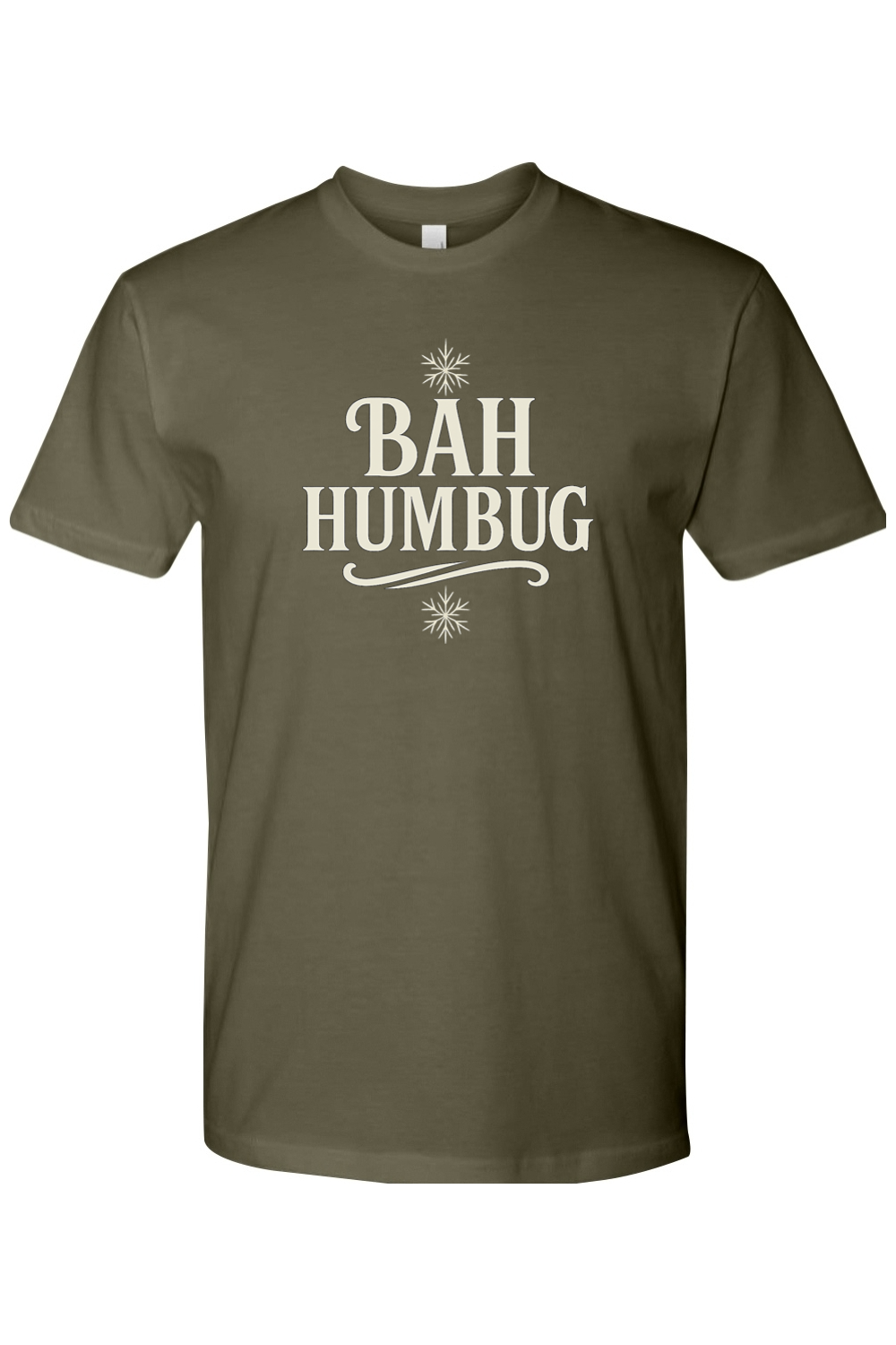 Olive green Christmas t-shirt with "BAH HUMBUG" text and a snowflake design funny sarcastic holiday humor short sleeve short