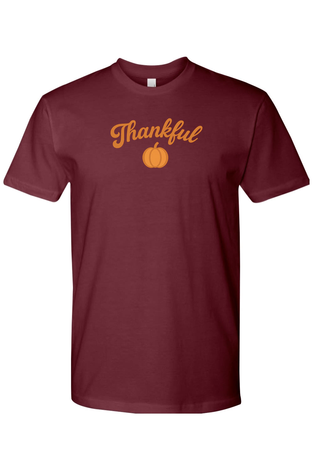 Maroon Thanksgiving t-shirt with "Thankful" text and a pumpkin design simple cute trendy fall holiday short sleeve shirt
