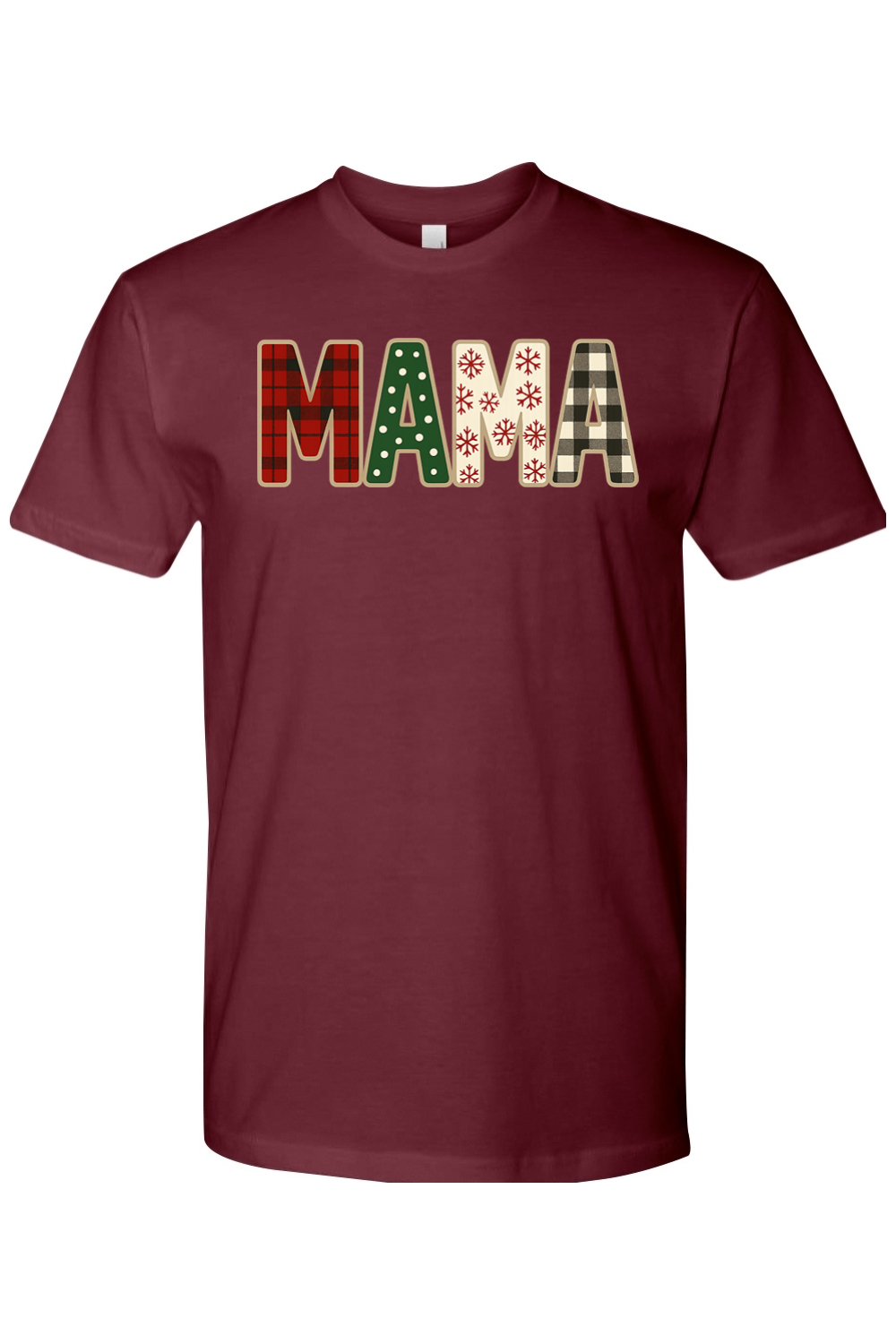 Maroon Christmas t-shirt with "MAMA" text with plaid, polka dots, and snowflakes pattern inside lettering cute trendy mom holiday short sleeve shirt