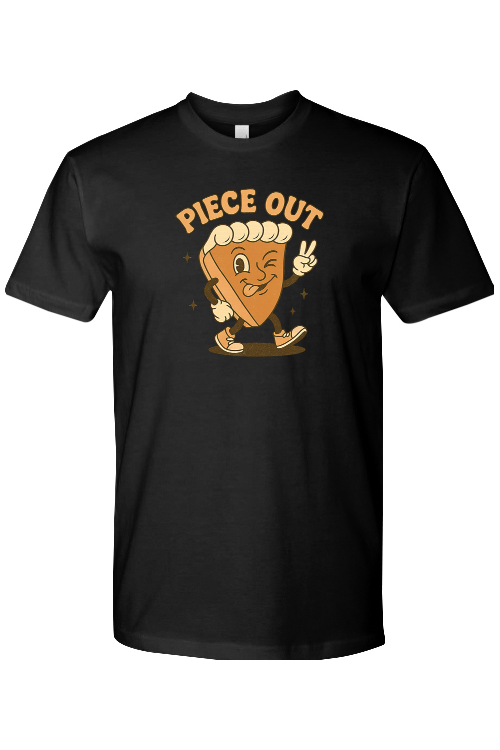 Black Thanksgiving t-shirt with "Piece Out" text and a slice of pie winking and giving a peace sign cool retro trendy fall holiday short sleeve shirt