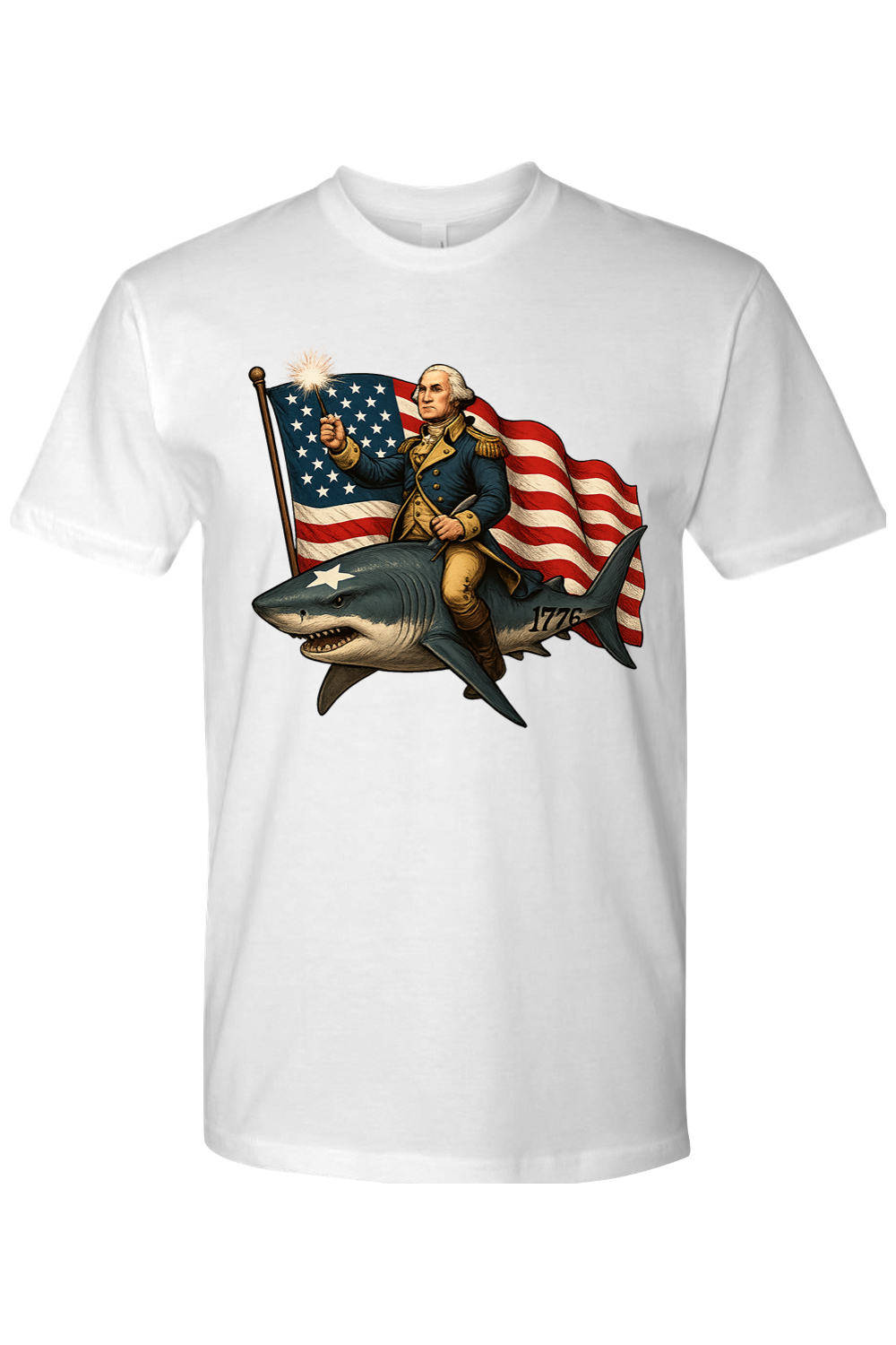 White t-shirt with a graphic of George Washington holding an American flag while riding a shark.