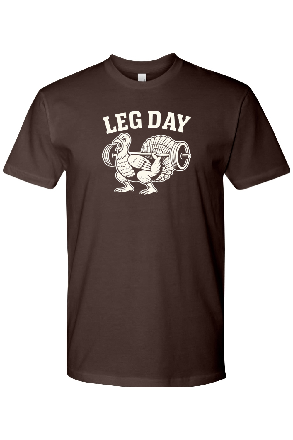 Brown Thanksgiving t-shirt with "Leg Day" text and a turkey doing a squat with a barbell design lifting weights funny gym humor fall short sleeve shirt
