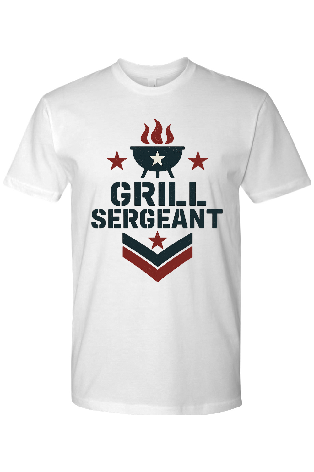 White t-shirt with 'GRILL SERGEANT' graphic design.