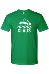 Green Christmas t-shirt with 'Daddy Claus' text and Santa hat graphic funny festive holiday short sleeve shirt
