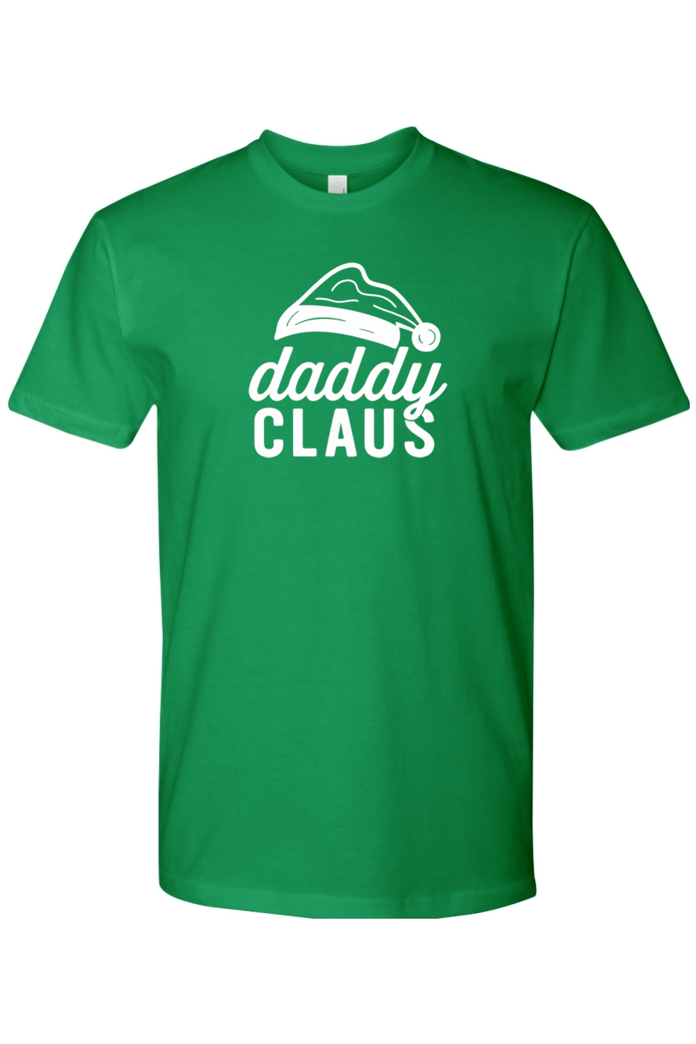 Green Christmas t-shirt with 'Daddy Claus' text and Santa hat graphic funny festive holiday short sleeve shirt
