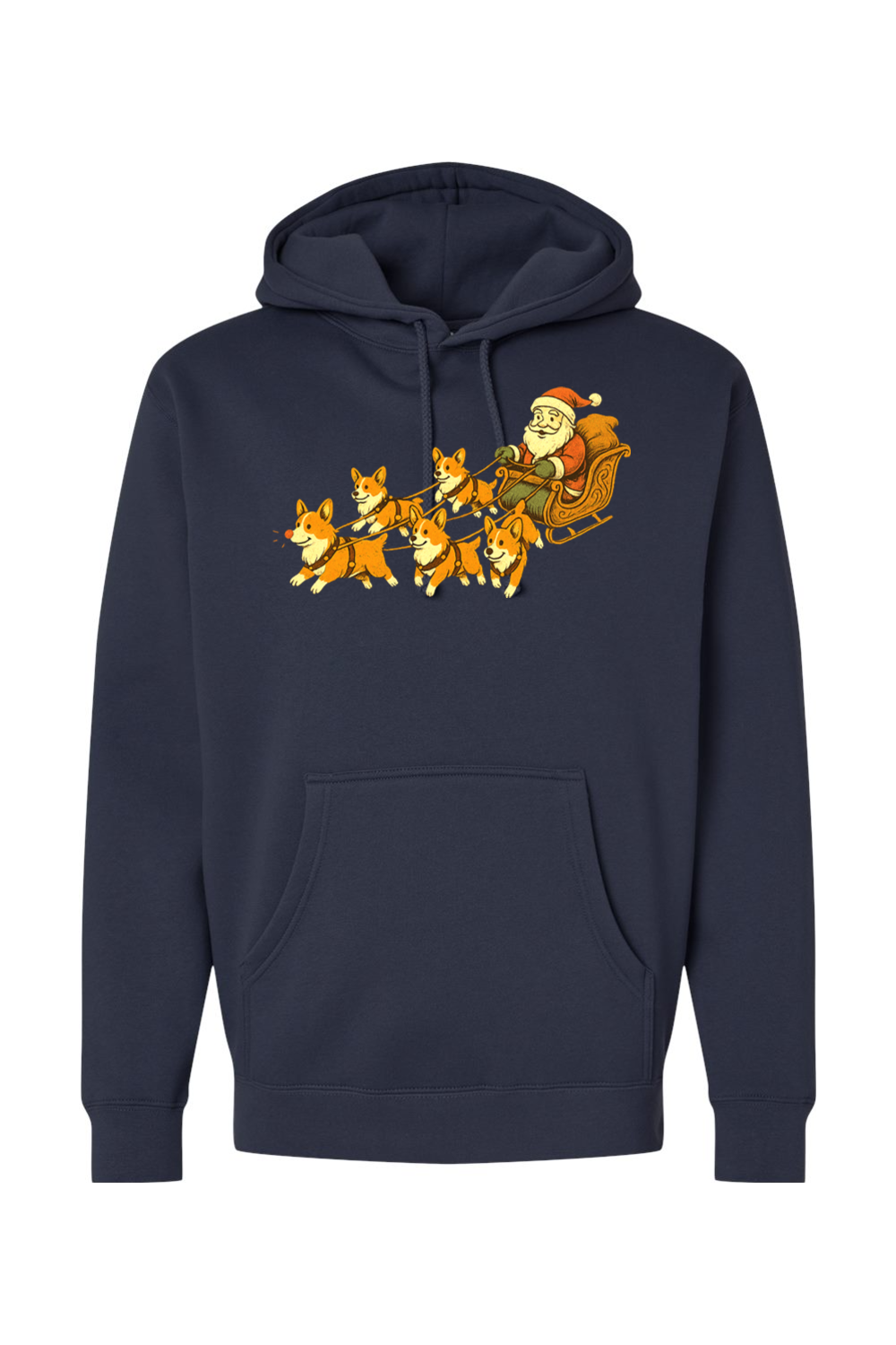 Navy blue Christmas hoodie with Santa on a sleigh with corgi dogs pulling it cute funny holiday long sleeve hooded sweatshirt
