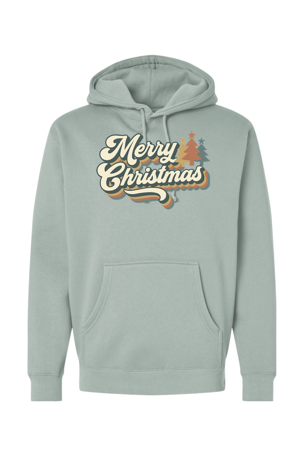 Light green Christmas hoodie with "Merry Christmas" text in retro bubble font and Christmas trees design cute trendy festive holiday long sleeve hooded sweatshirt