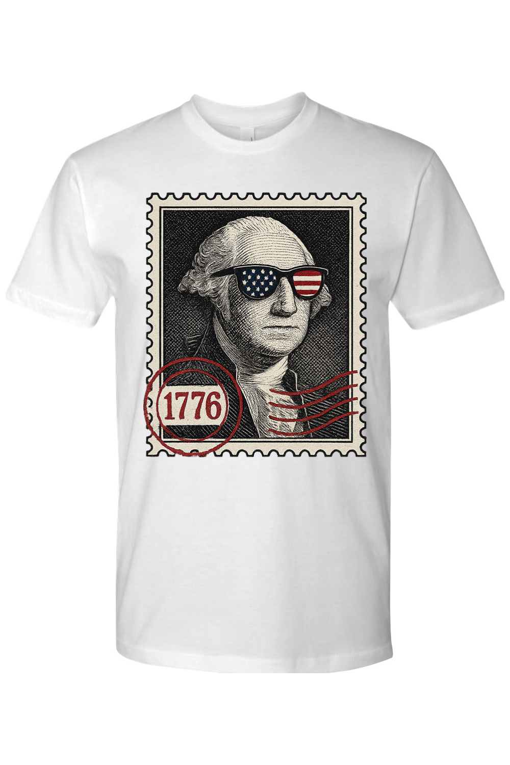 White t-shirt with a graphic of George Washington wearing sunglasses and a '1776' stamp design.