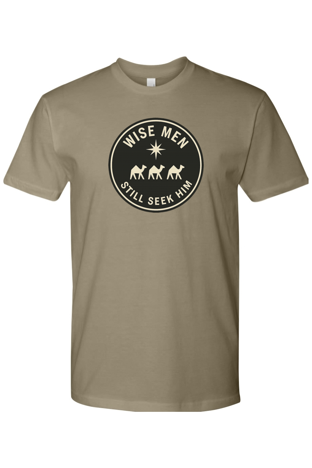 Light olive green religious Christmas t-shirt with "Wise Men Still Seek Him" with three camels and a star design Jesus God Christian holiday short sleeve shirt