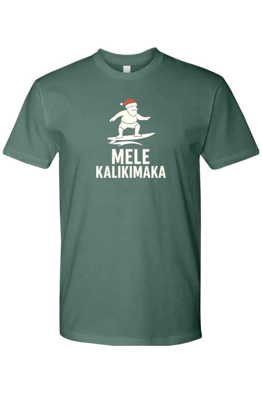 Pine green Christmas t-shirt with Santa surfing and "Mele Kalikimaka" text funny Hawaiian Christmas surf holiday short sleeve shirt