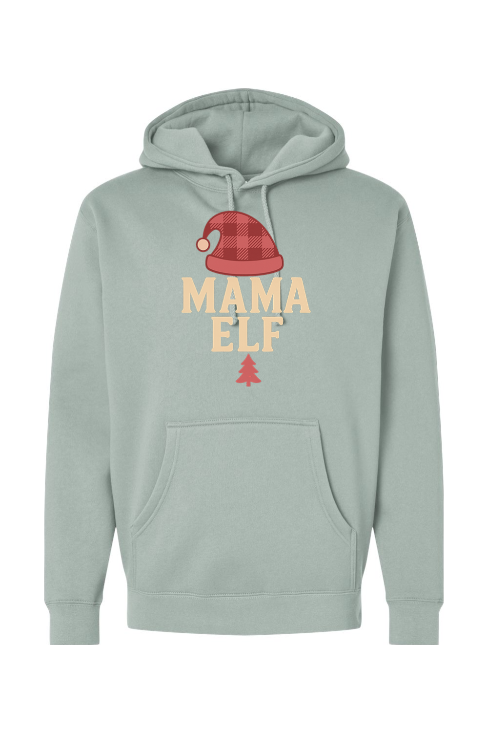 Light green Christmas hoodie with "Mama Elf" text with an elf hat and pine tree design cute trendy women's long sleeve hooded sweatshirt