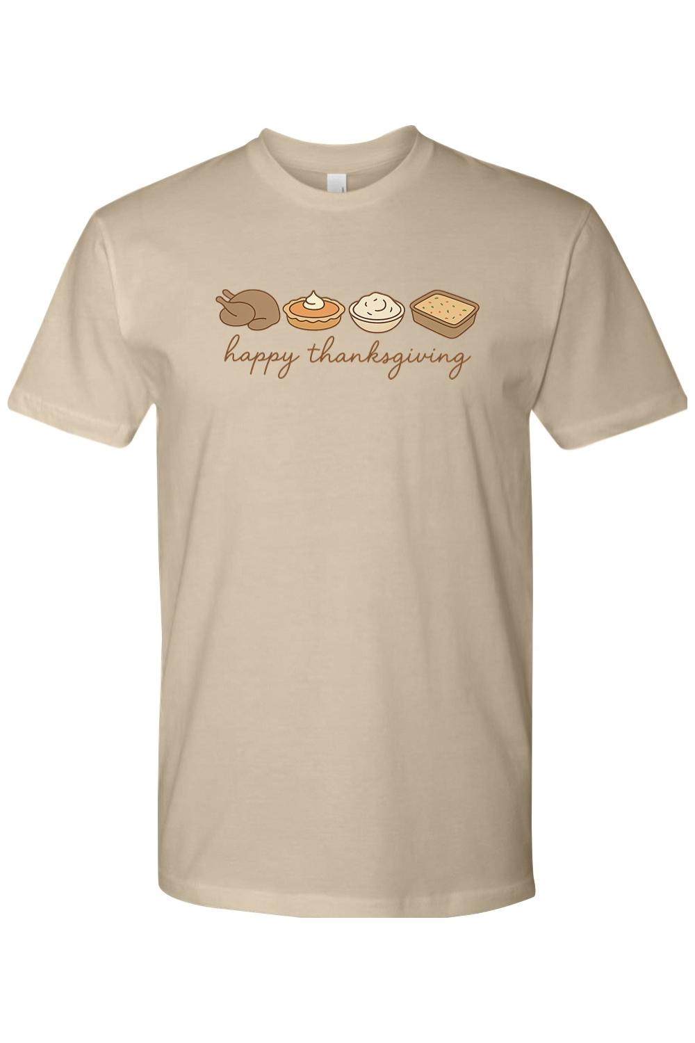 Dark beige Thanksgiving t-shirt with "happy thanksgiving" text and turkey, pumpkin pie, mashed potatoes, stuffing design cute trendy fall holiday short sleeve shirt