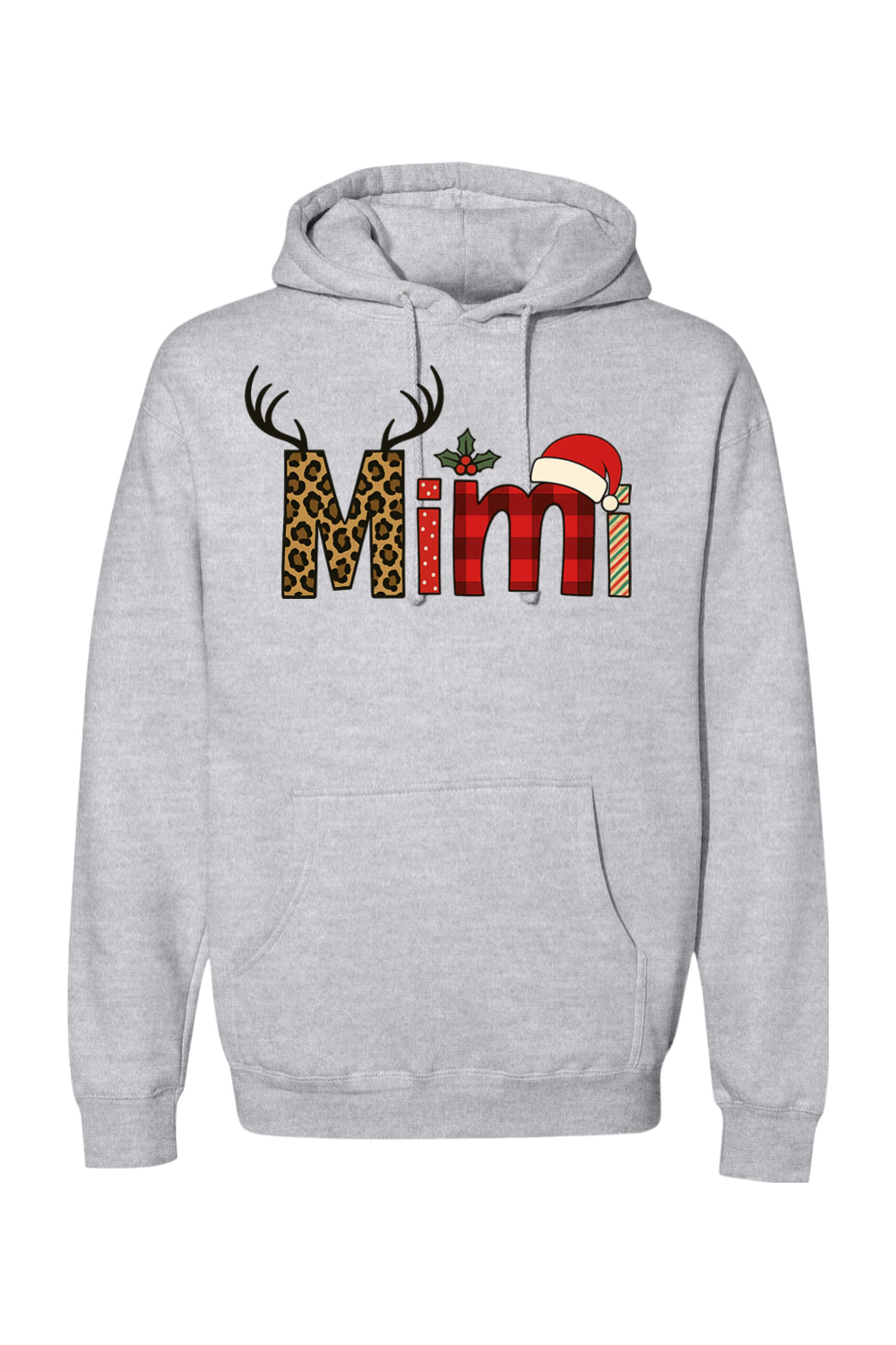 Heather gray Christmas hoodie with "Mimi" text antler design and the letters filled with leopard print, plaid, polka dots, and stripes cute grandma festive holiday long sleeve hooded sweatshirt