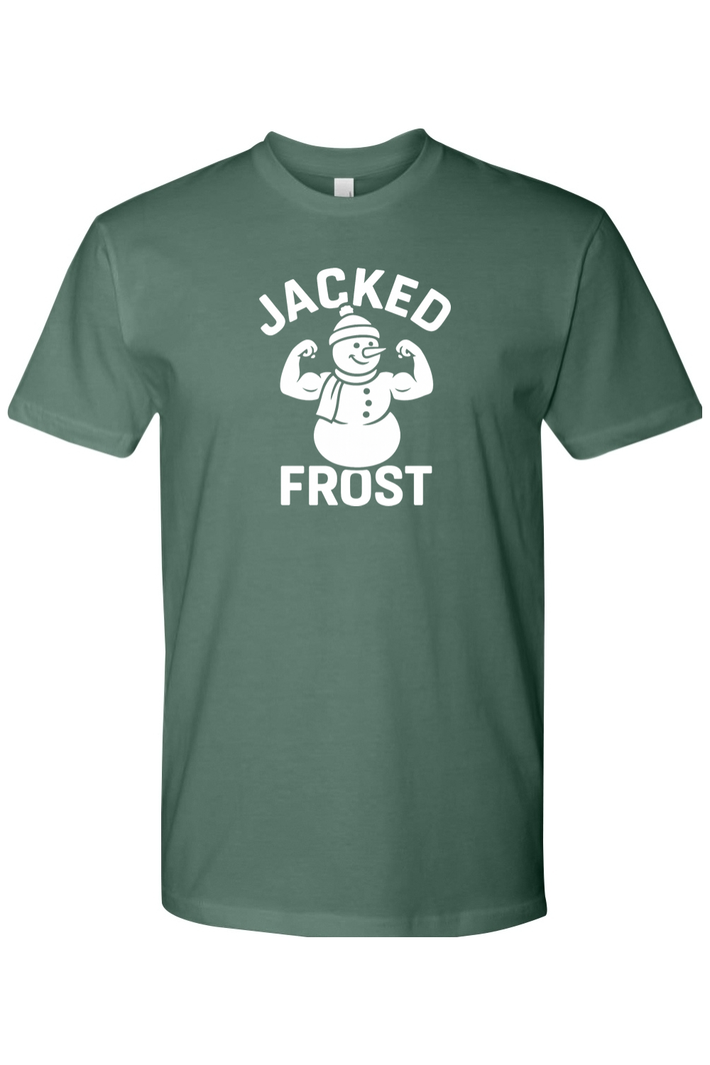 Pine green Christmas t-shirt with "Jacked Frost" text in white with a muscular snowman flexing his biceps design funny gym humor festive holiday short sleeve shirt