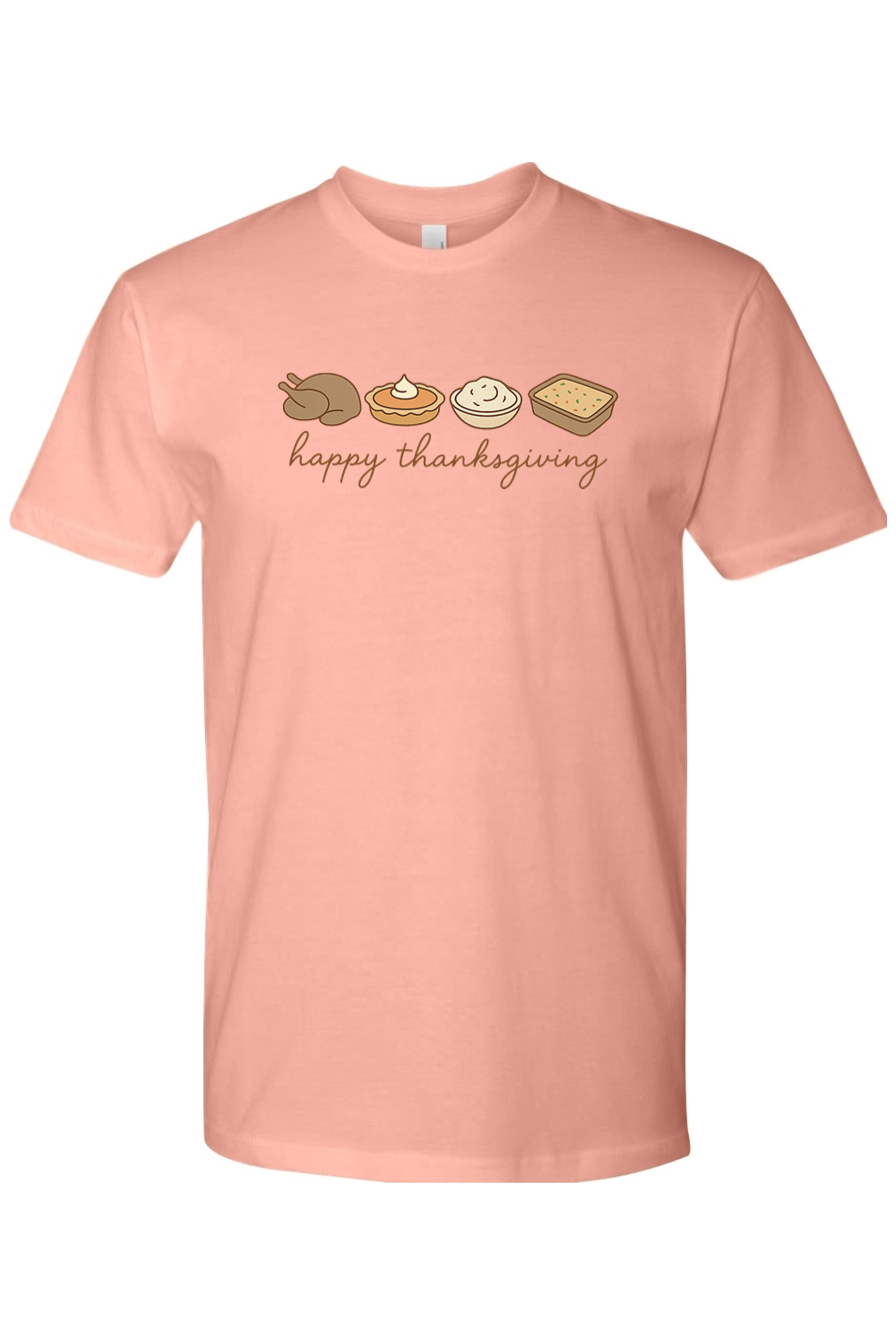 Pink Thanksgiving t-shirt with "happy thanksgiving" text and turkey, pumpkin pie, mashed potatoes, stuffing design cute trendy fall holiday short sleeve shirt