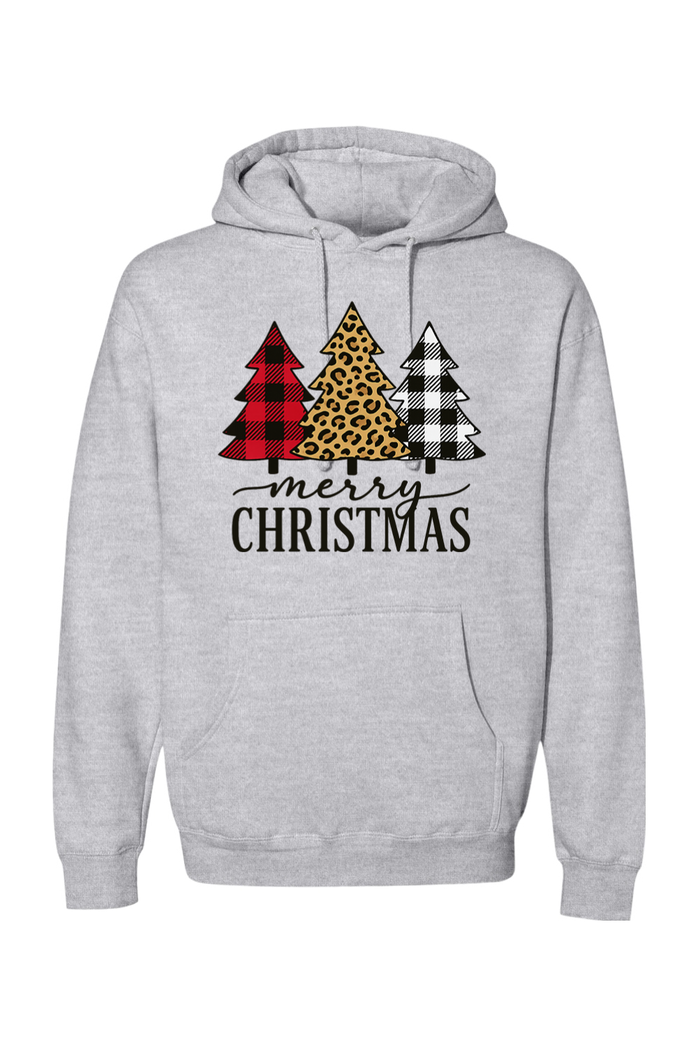 Heather gray Christmas hoodie with "Merry Christmas" text and a buffalo plaid, leopard print, and black and white plaid Christmas trees cute trendy festive holiday long sleeve hooded sweatshirt
