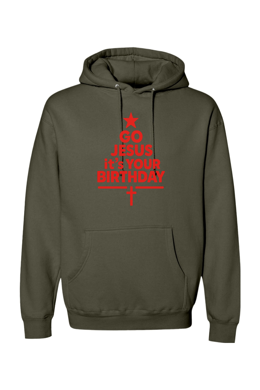 Olive green Christmas hoodie with "Go Jesus It's Your Birthday" text in red with a star and cross all made into a Christmas tree design religious Christian God funny holiday long sleeve hooded sweatshirt