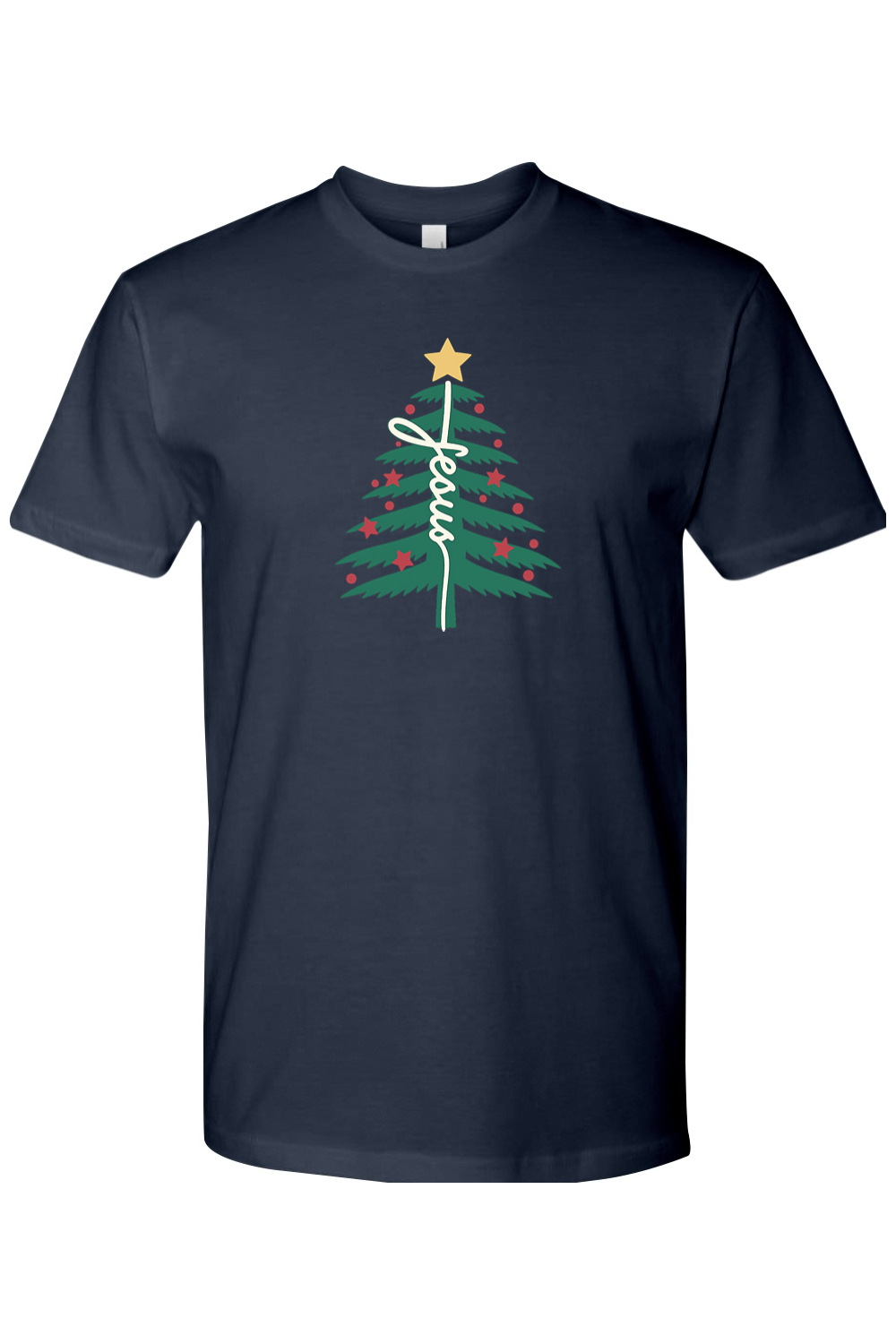 Navy blue Christmas t-shirt with "Jesus" text in a Christmas tree design festive religious God Christian holiday short sleeve shirt