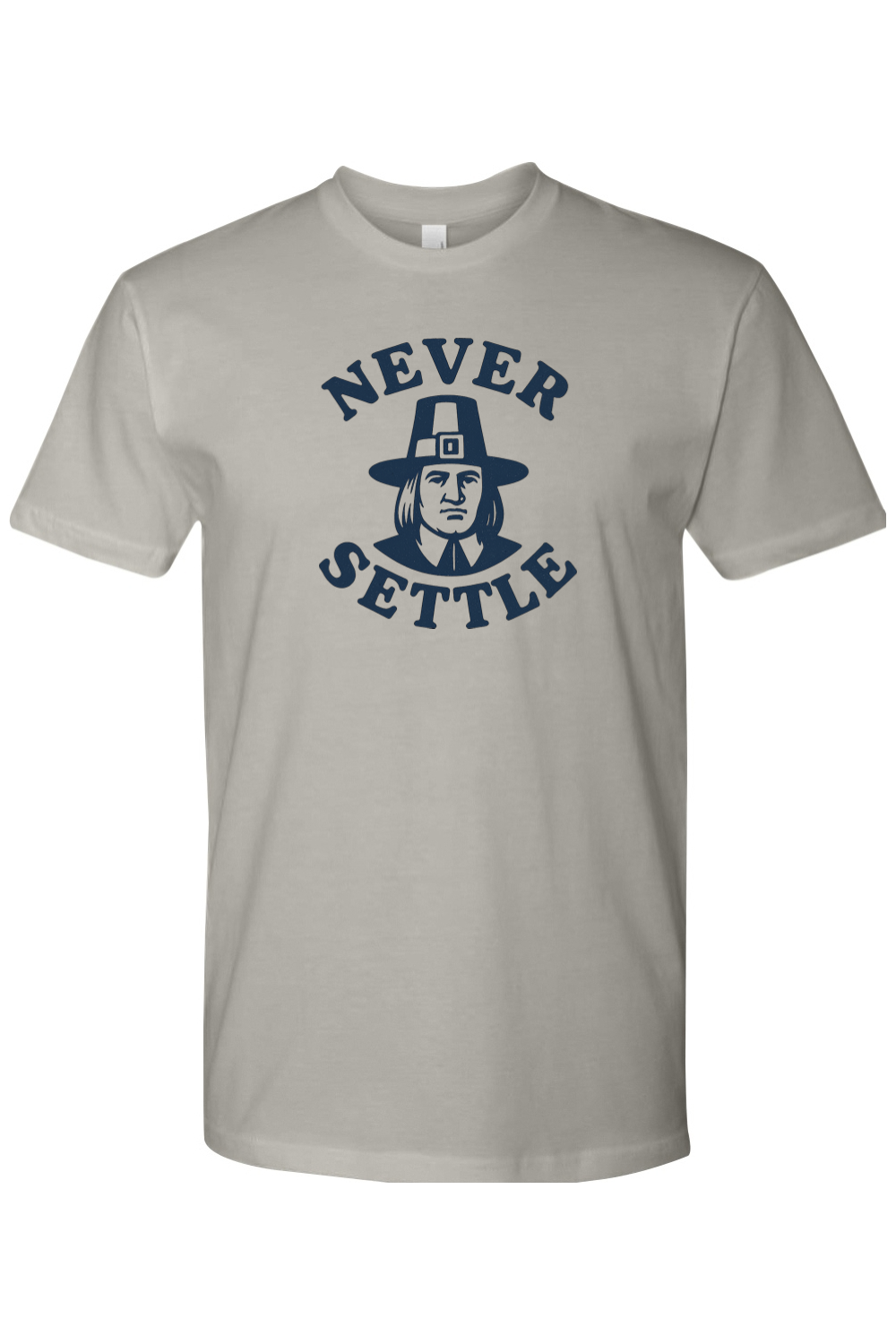 Grey gray Thanksgiving t-shirt with "Never Settle" text and a pilgrim design funny sarcastic fall holiday short sleeve shirt