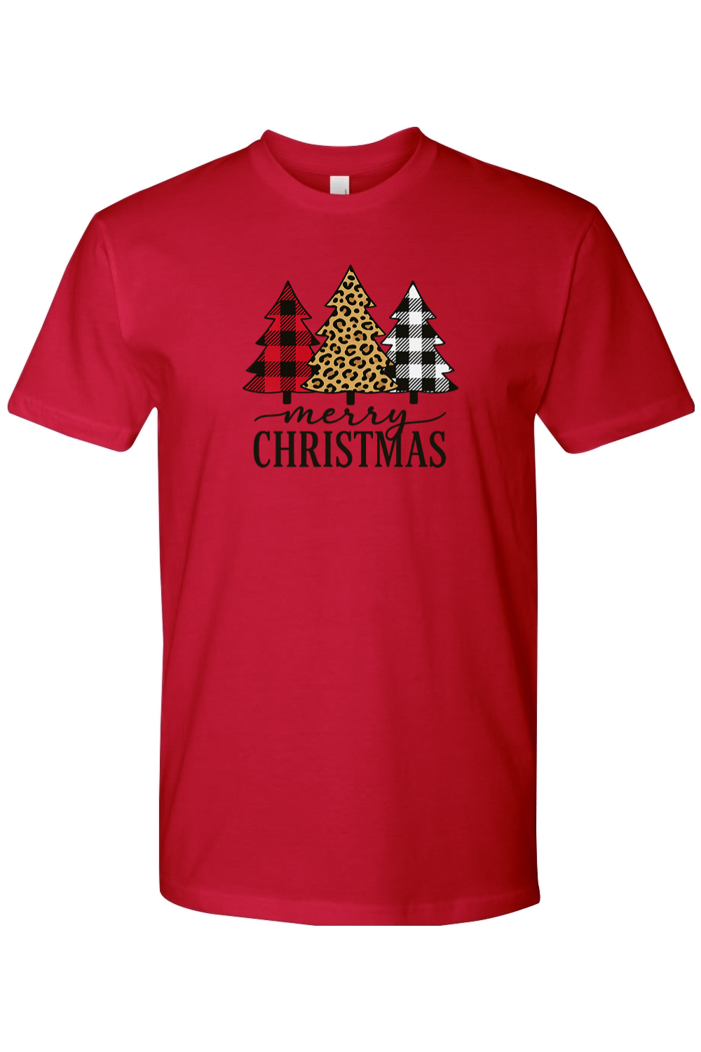 Red Christmas t-shirt with plaid and leopard print Christmas trees design and "Merry Christmas" text festive trendy holiday short sleeve shirt