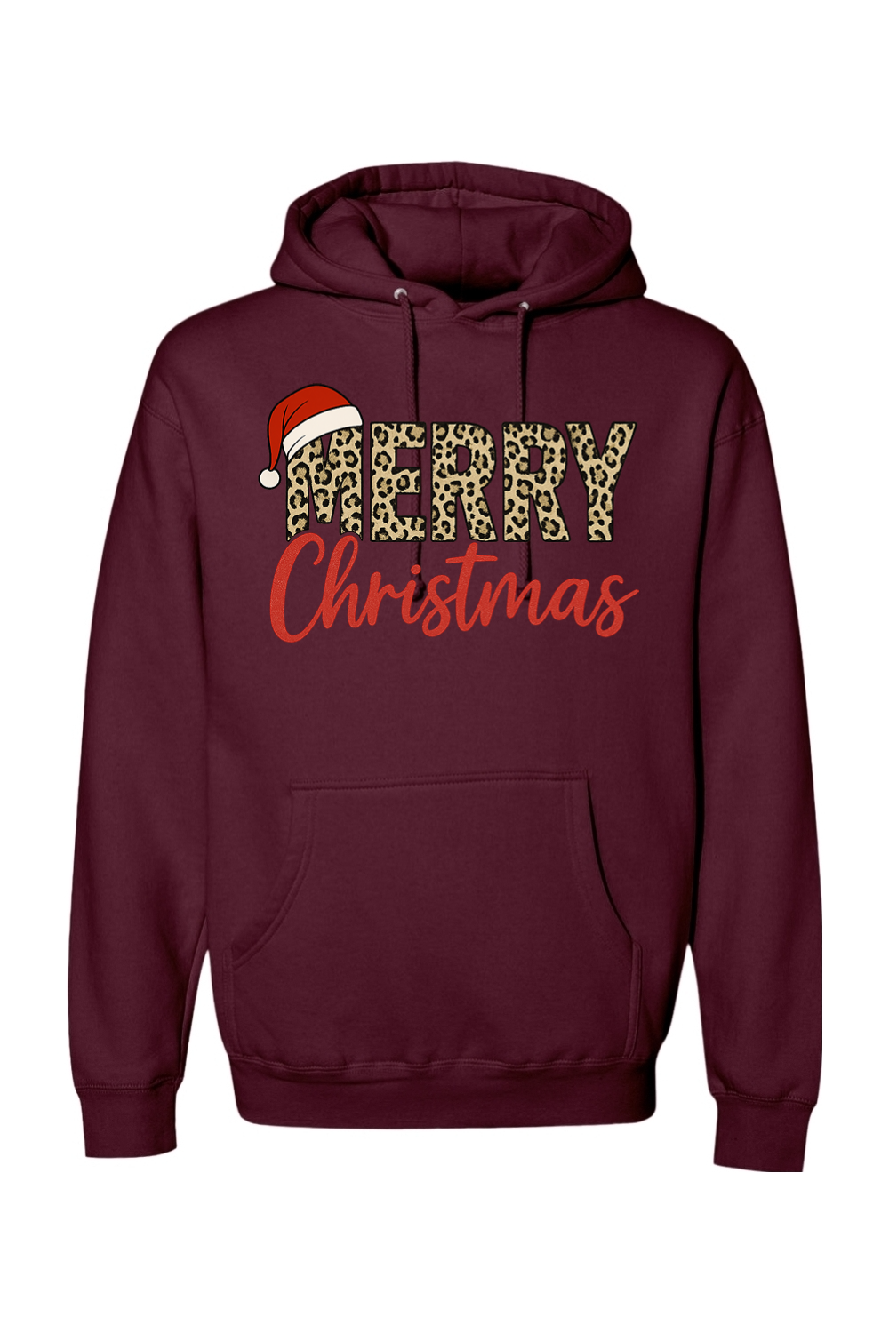 Maroon Christmas hoodie with "Merry Christmas" text in leopard print and red with a Santa hat design cute trendy festive holiday long sleeve hooded sweatshirt