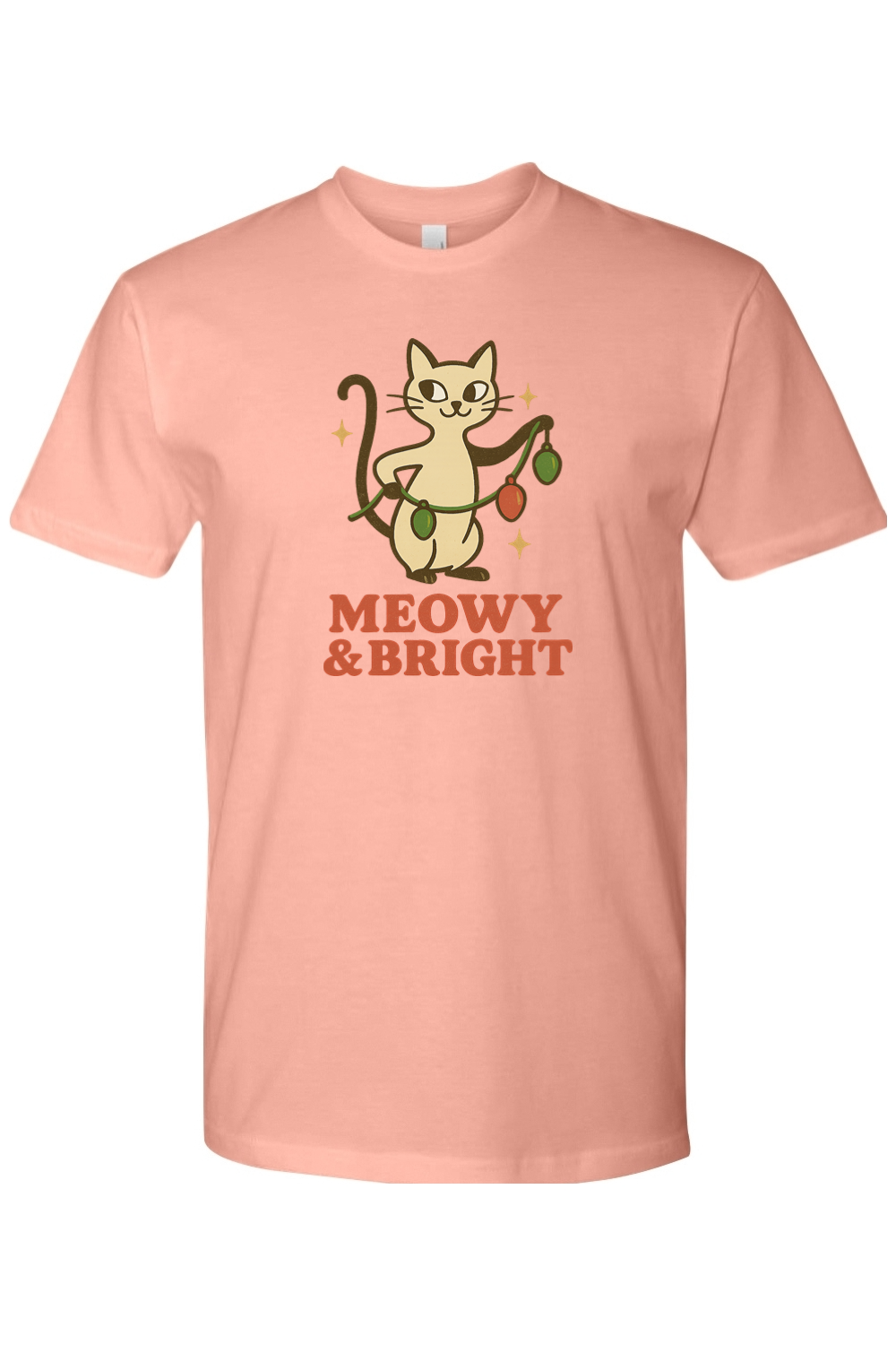 Pink vintage Christmas t-shirt with "Meowy & Bright" text with a cat holding a string of lights design cute funny holiday pet animal humor short sleeve shirt