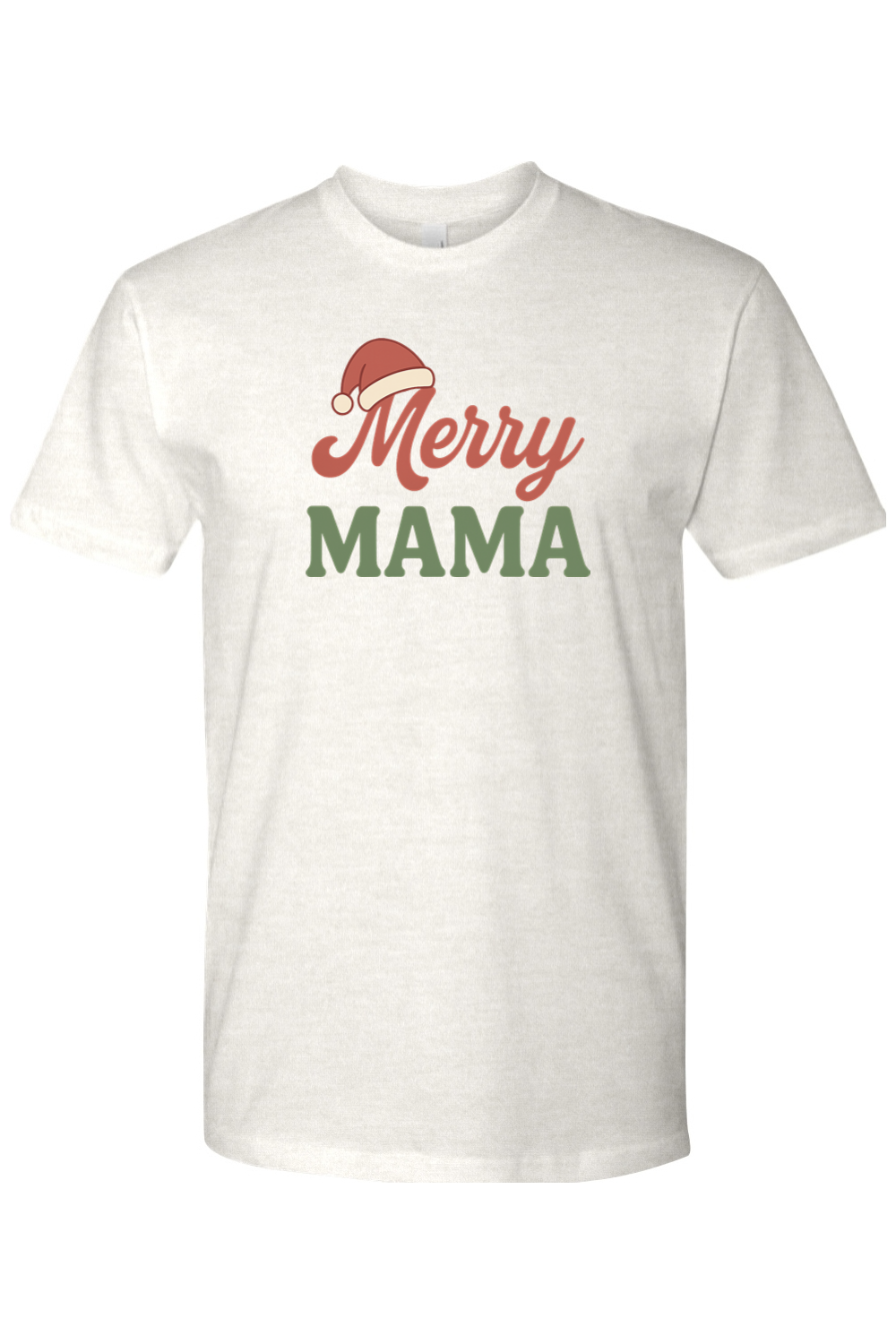 Light cream Christmas t-shirt with "Merry Mama" text with a Santa hat over the M in Merry cute trendy mom mother holiday short sleeve shirt