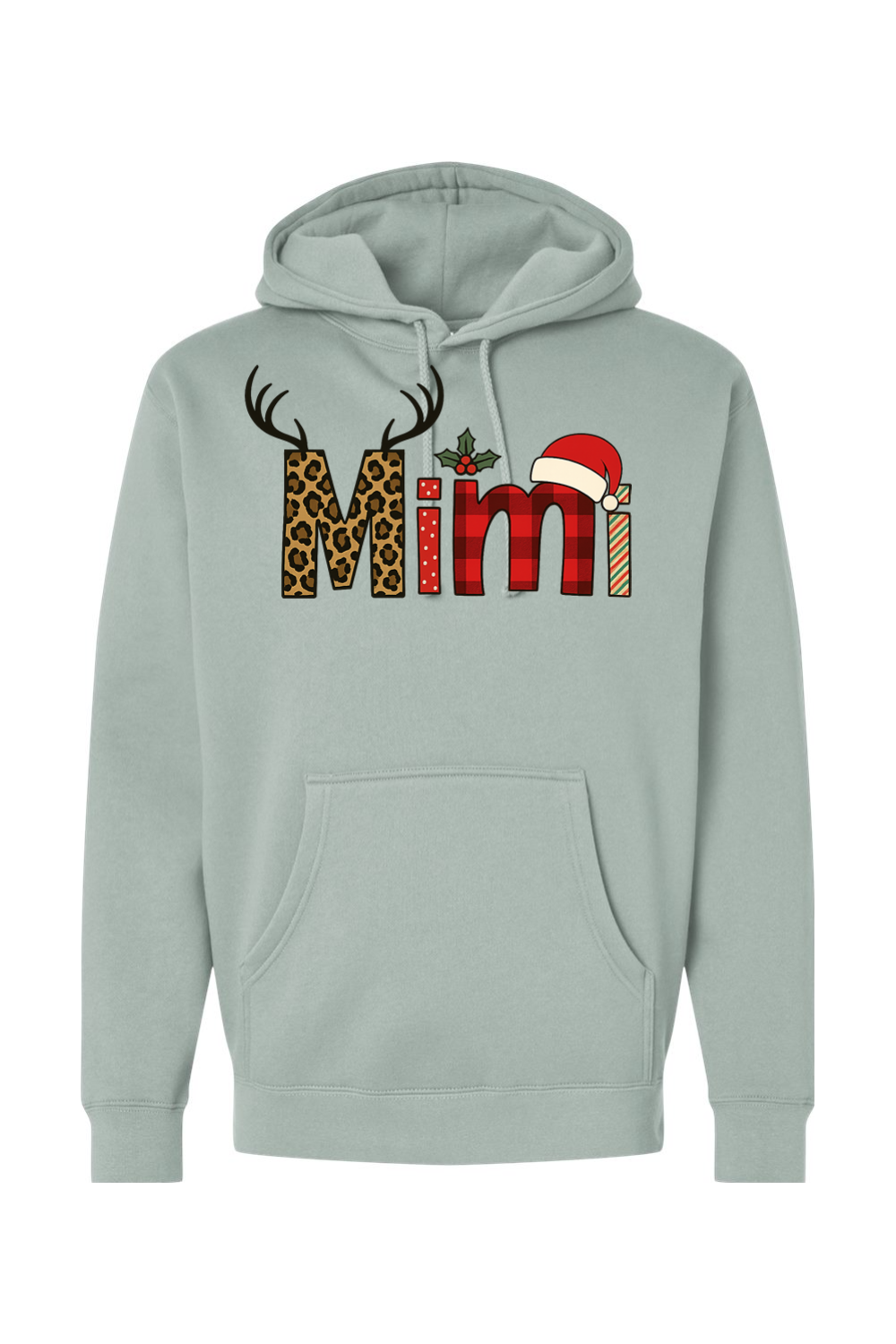 Light green Christmas hoodie with "Mimi" text antler design and the letters filled with leopard print, plaid, polka dots, and stripes cute grandma festive holiday long sleeve hooded sweatshirt