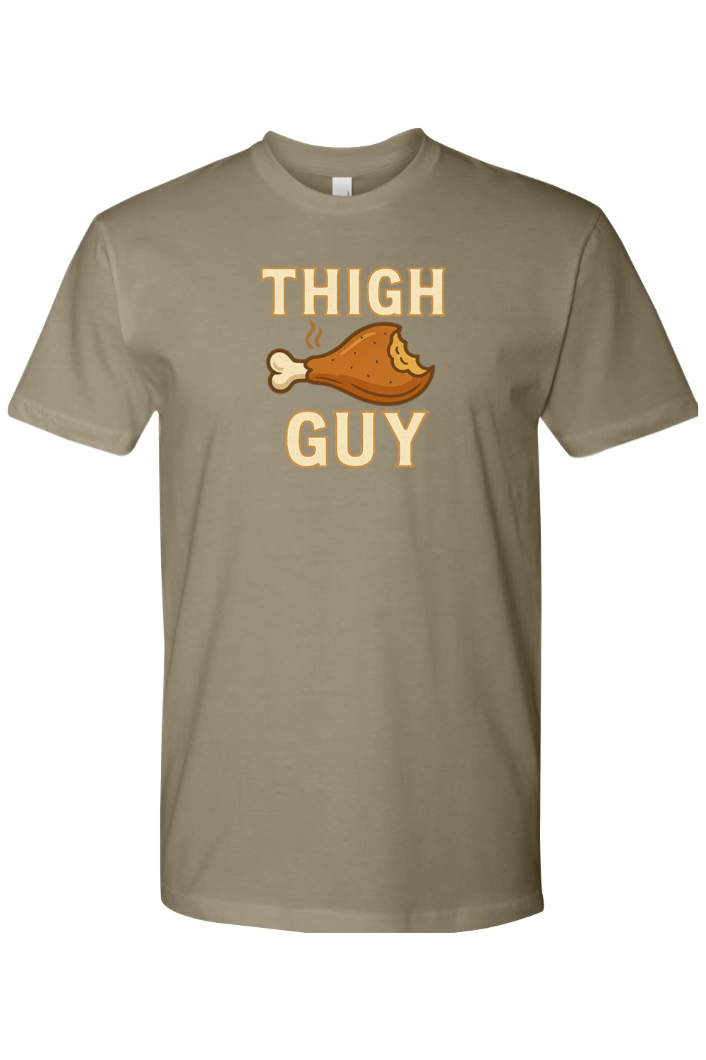 Light olive green Thanksgiving t-shirt with "Thigh Guy" text and a turkey leg design funny gym humor fall holiday short sleeve shirt