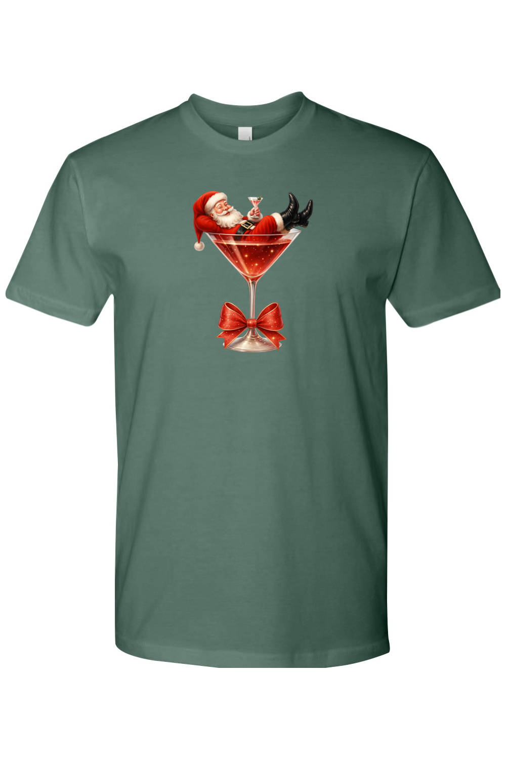 Pine green Christmas t-shirt with Santa sitting in a martini glass design funny cute holiday short sleeve shirt