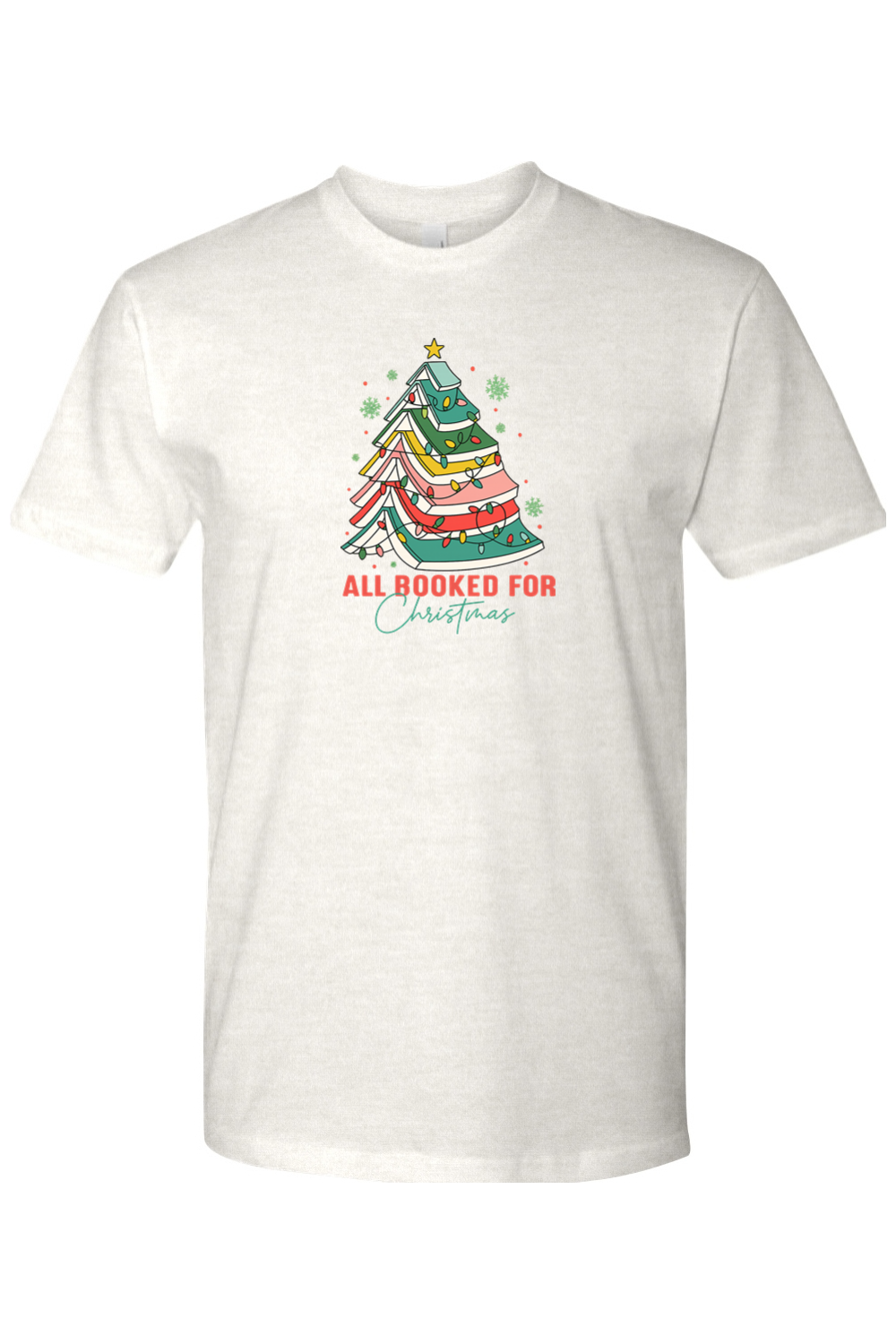 Light cream Christmas t-shirt with "All Booked For Christmas" text and a Christmas tree made out of books design cute trendy book lover librarian festive holiday short sleeve shirt