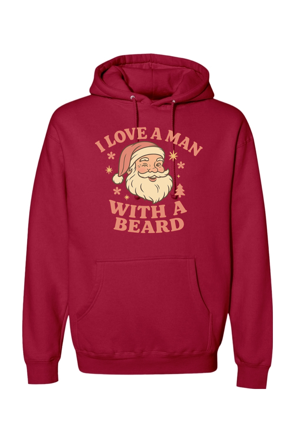 Red Christmas hoodie with "I Love A Man With A Beard" text in pink with Santa flowers stars and pine tree design cute women's trendy holiday long sleeve hooded sweatshirt