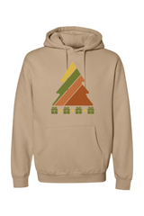 Dark beige Christmas hoodie with a retro striped Christmas tree and presents underneath design cool trendy holiday long sleeve hooded sweatshirt