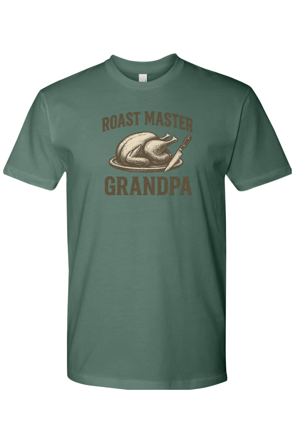 Pine green Thanksgiving t-shirt with "Roast Master Grandpa" text with a turkey design grandparent funny fall holiday short sleeve shirt